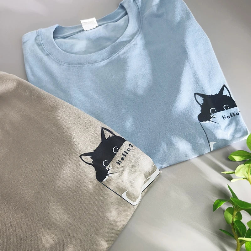 Summer New Pure Cotton Cat Printed Men T-shirts Short Sleeve Casual Solid Color Simple Thin Men Tops BOK0121