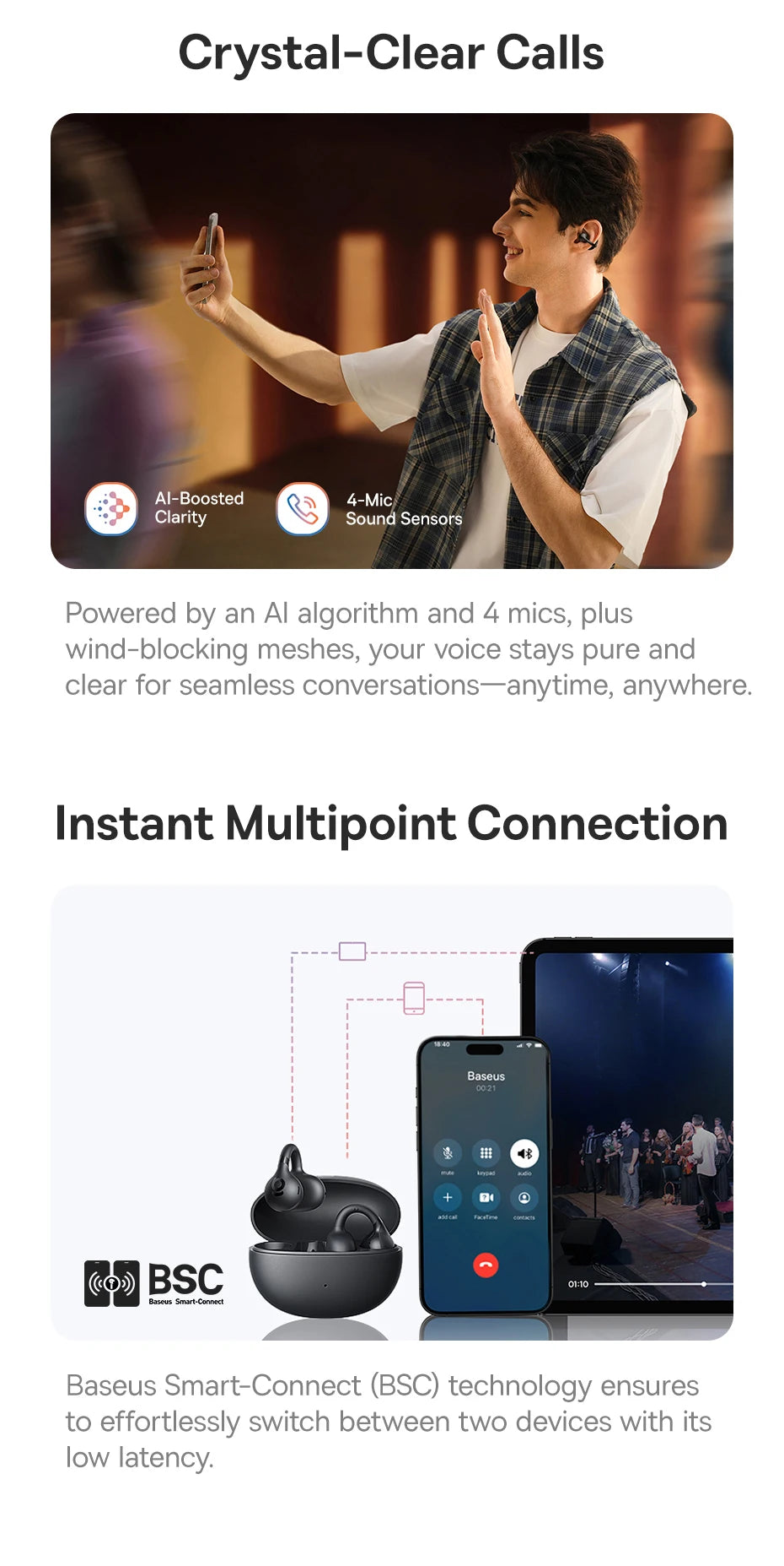 Baseus BC1 Earphones OWS Ear Clip Wireless Bluetooth 6.0 Headphones 4 Mic Call Noise Reduction Earbuds Low Latency Gamer Headset