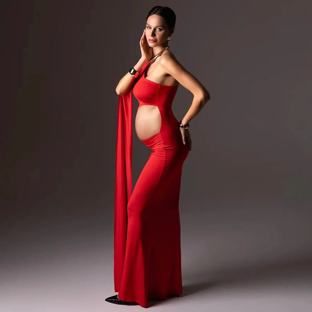 Maternity Dresses For Baby Showers Sexy Hollow Out Design Red Dress One Shoulder Extra Long Sleeves Photography Dress For Women
