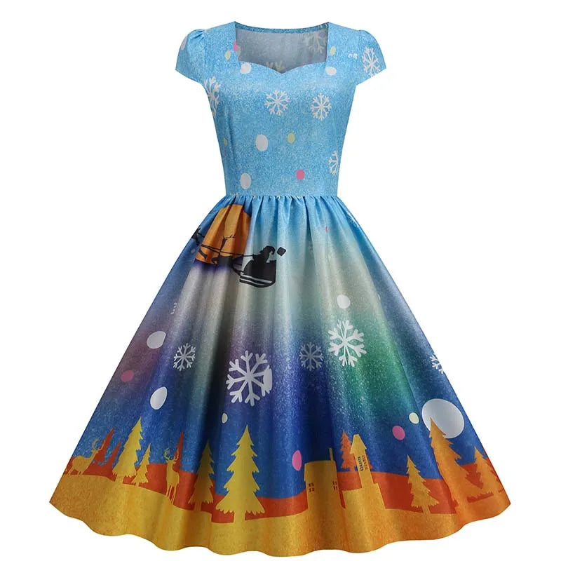 Christmas Dresses for Women Winter Pinup Rockabilly Sexy Cosplay Party Dress Santa Claus Snow Print Cocktail Prom Dress
