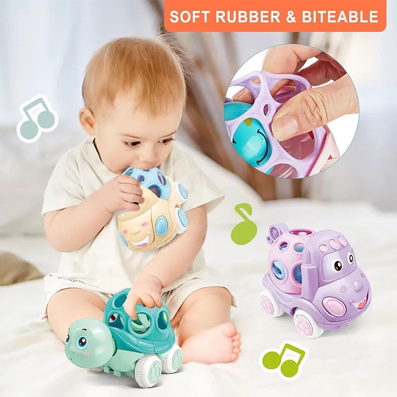 Baby Car Toys for 6 12 Months Friction Car Infant Soft Rubber Inertial Push and Go Vehicles Roll Car Hand Rattle Gift for Kids