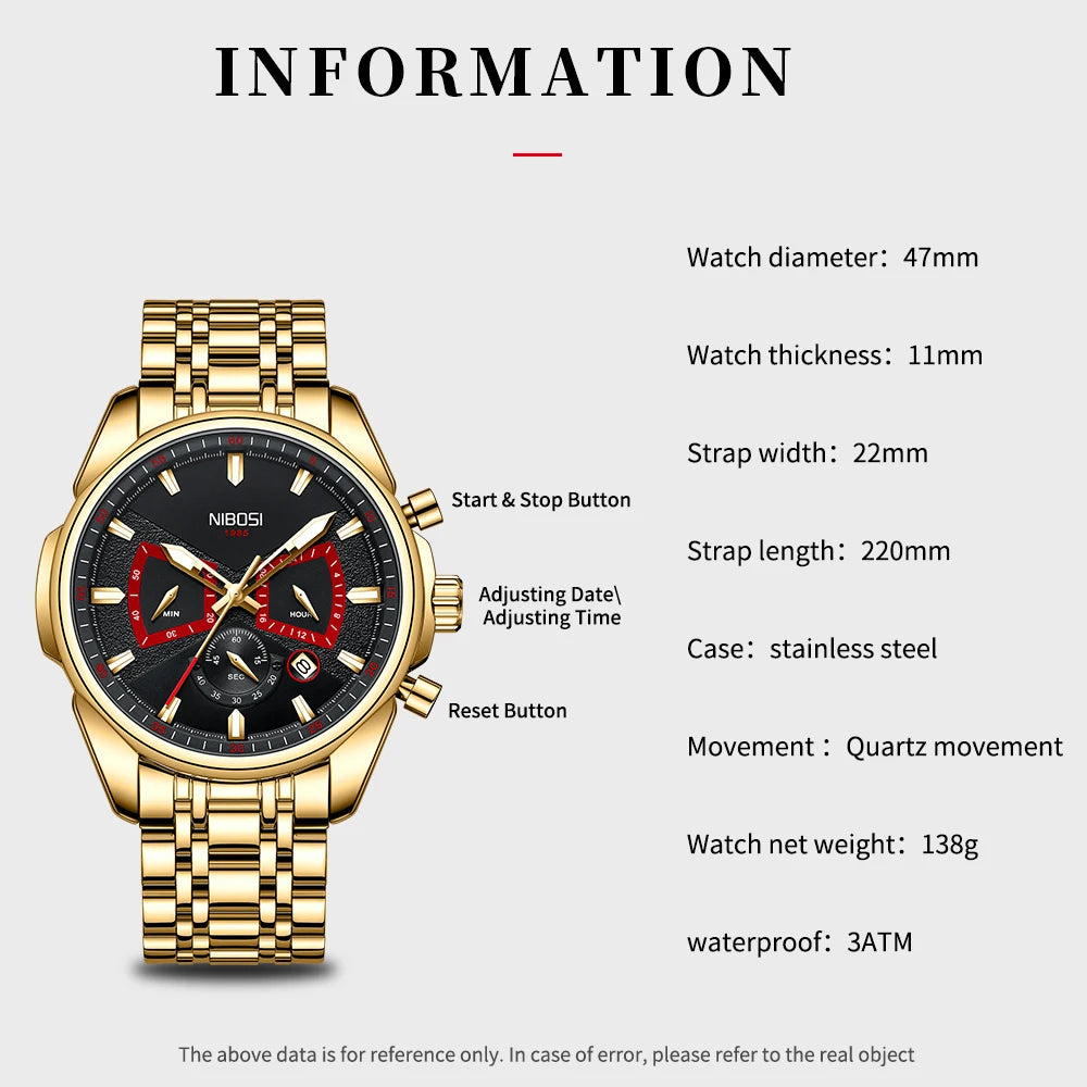 NIBOSI Brand Mens Watches Brand Luxury Military Sports Chronograph Waterproof Quartz Watch For Men Wristwatch Reloj Hombre