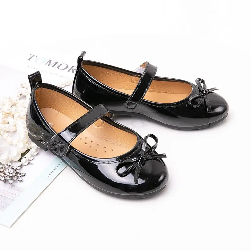 2025 New Kids Shoes Childrens Bowknot Princess Shoes Girls Flat Leather Shoes Gold Silver Red Spring Autumn For 3-10T