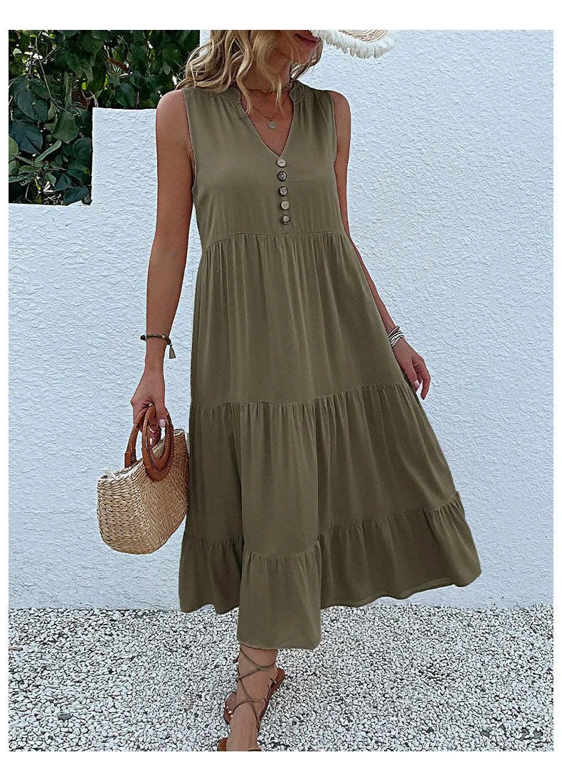Dresses for Women 2025 Summer V-neck Single-breasted Vest Dress Sleeveless Loose Casual Solid Color Dress Vestidos De Mujer