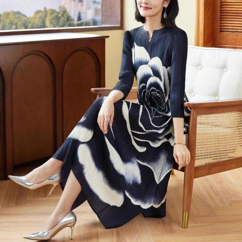 Women's Dress Womens Dresses Elegant and Peony Flower Print Cropped Sleeve Pleated Loose Dress Women's Miyake Round Neck Dress
