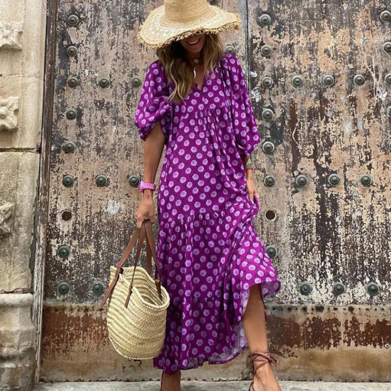 Summer Women Dresses Floral Print Ruffles Boho V-neck Puff Sleeve Casual Loose Beach Dress Half Sleeve Holiday Maxi Long Dress