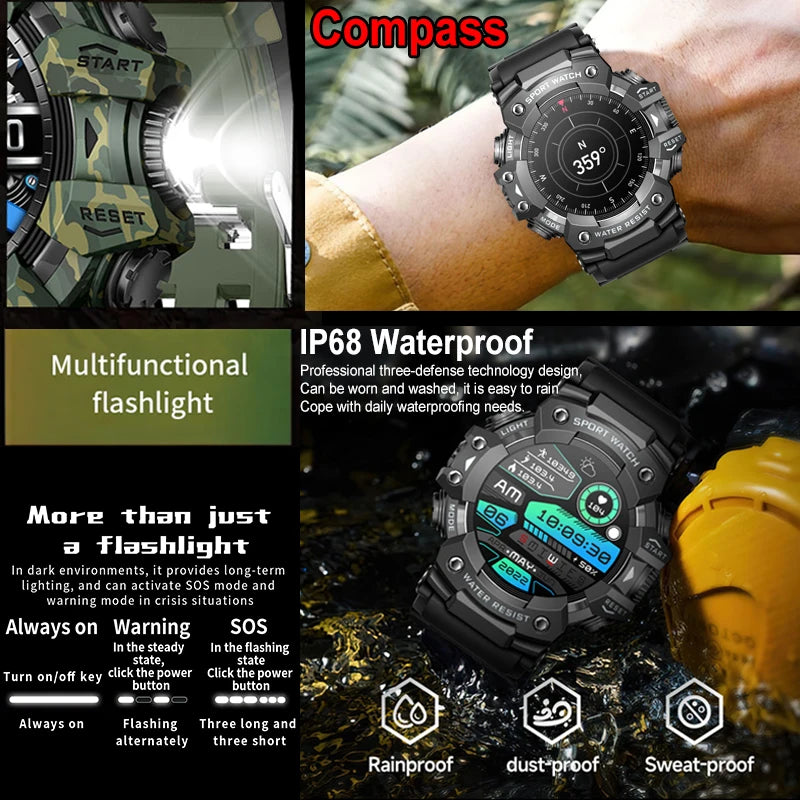 For Xiaomi Military Sports Smart Watch Men 100+Sports Fitness Flashlight Compass Heart Rate Bluetooth Call Waterproof Smartwatch