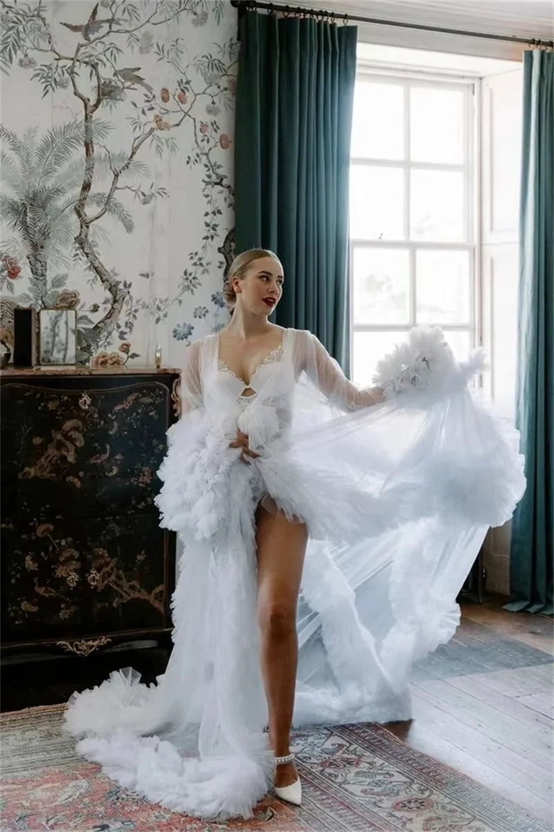 White Women Maternity Dresses for Photo Shoot V Neck Full Sleeves Robe Tiered Tulle Prom Wedding Pregnant Custom Made