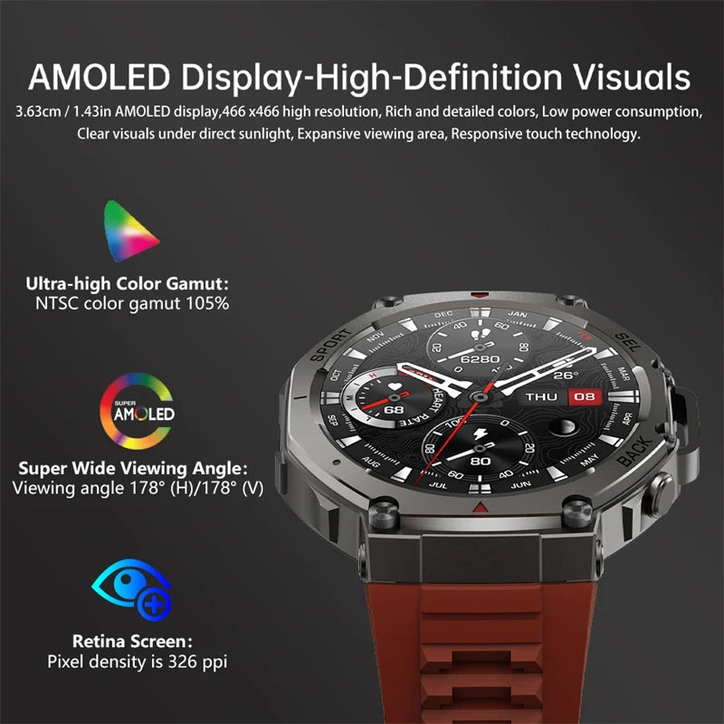 T-Rex 3 Military Grade 500mAh Battery Smart Watch 10ATM Waterproof GPS Compass Altimeter Call AMOLED Men Swim Sports Smartwatch