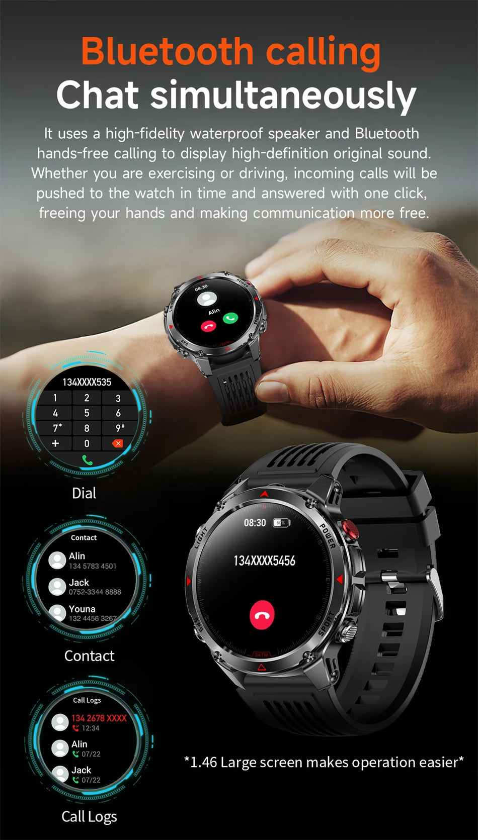 New Military GPS Sports Smart Watch Men Support GNSS Swim 3ATM Waterproof Compass Altimeter BT Call Outdoor Sports Smart Watch