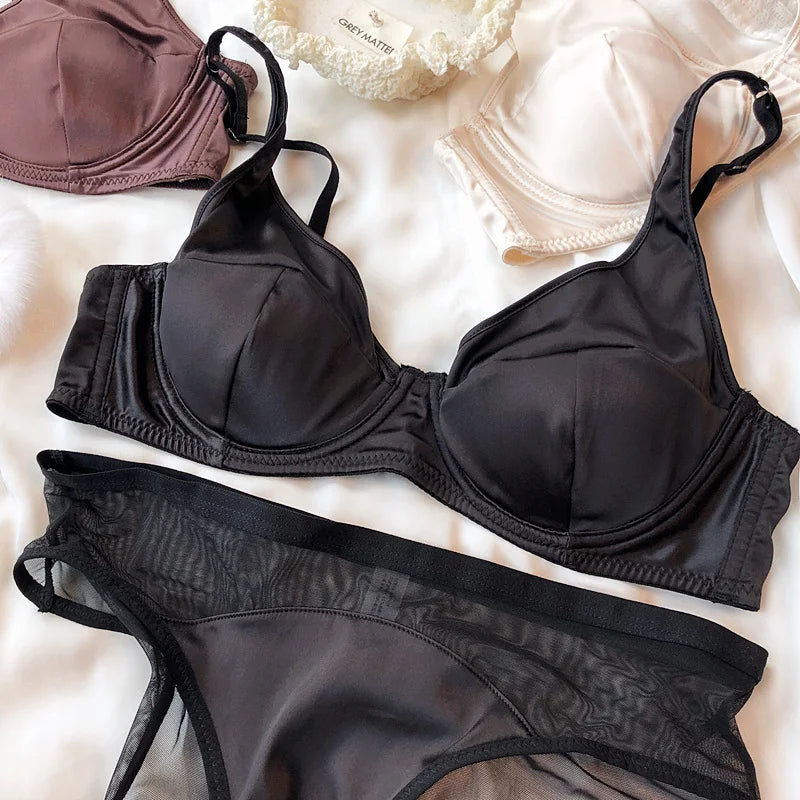 Women Ice Silk Comfort Underwear Sexy Small Breast Push Up Bra Set Detachable Padding Thin Cup Brassiere Intimates Panties Set