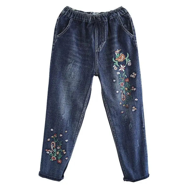 Vintage Jeans Women Embroidered Denim Trousers Streetwear Harem Pants Female Ankle-length New Loose Stretch Mom Jeans Q5760