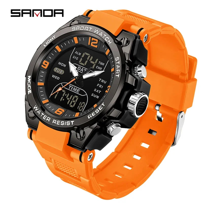SANDA New Fashion Men Watch Multifunctional Outdoors Sports Waterproof Wristwatch LED Luminous Electronic Digital Men Watches