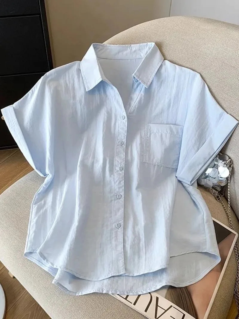 White Cotton Shirt Women Summer New Thin Loose Blouses Fashion Korean Commute Solid Short Sleeved Shirt Top