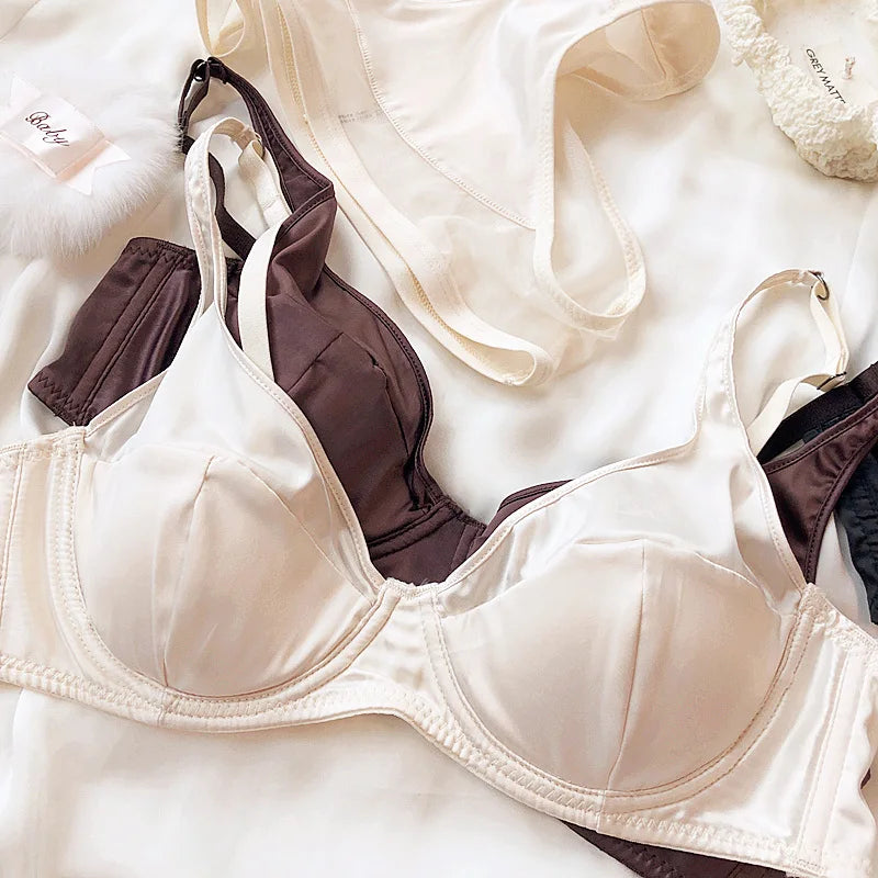 Women Ice Silk Comfort Underwear Sexy Small Breast Push Up Bra Set Detachable Padding Thin Cup Brassiere Intimates Panties Set