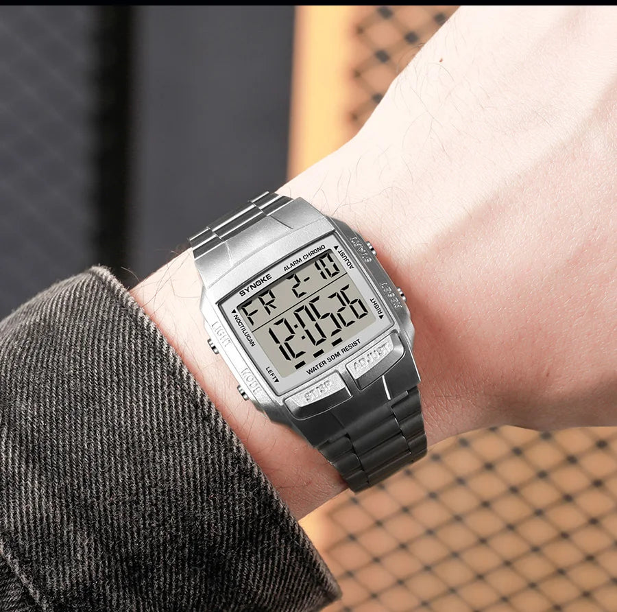 Mens Sports Digital Waterproof Watch, Multifunctional Wrist Watches For Men, Plastic Case Alloy Strap