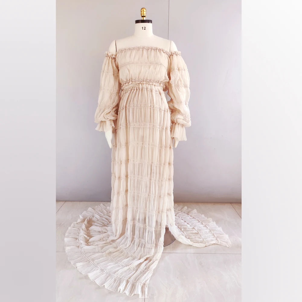 Maternity Dresses For Photo Shoot Women Off Shoulder Short Top Pleated Chiffon Long Sleeved Bohemian Dress Boho Style Dress