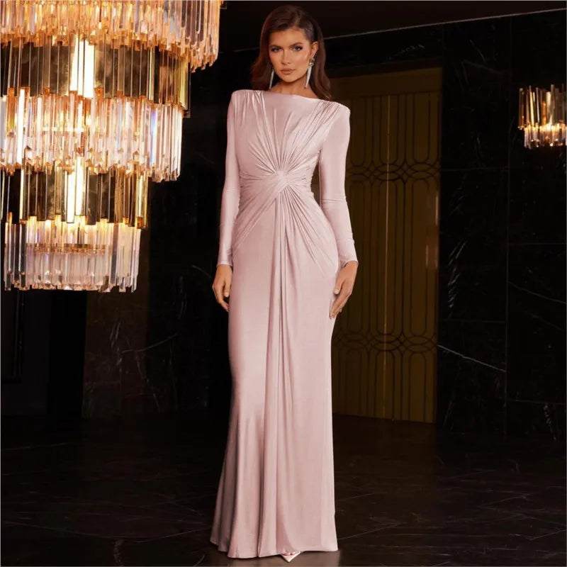 Women's Evening Dress Spring Summer New Fashion Slim Solid Color Casual Round Neck Long Sleeve Long Dress Elegant Party Dresses