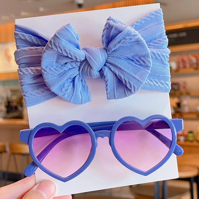 2 Pcs/Set New Children Cute Solid Bowknot Wide Hairbands Heart Sunglasses Hair Bands Baby Girls Headwear Kids Hair Accessories
