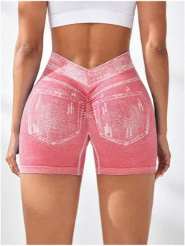 Women V back Shorts Faux Jeans Elastic Workout Sports Yoga Pants Butt Lifting Leggins Fitness Athletic Short Tights Seamless