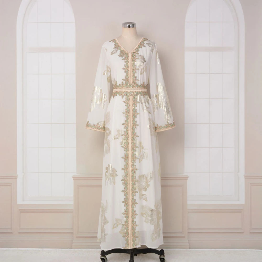 Eid Muslim Women Dress Gown Turkish Caftan Abaya Jalabiya Ramadan Party Dresses Morocco Kaftan V Neck Belt Embroidery Vestidos