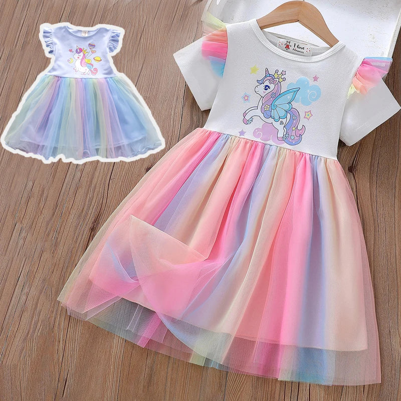 Unicorn Girls Dress New Kids Clothes Summer Short sleeve TuTu Princess Dresses Party Baby Dresses for Children Rainbow 2-8Y