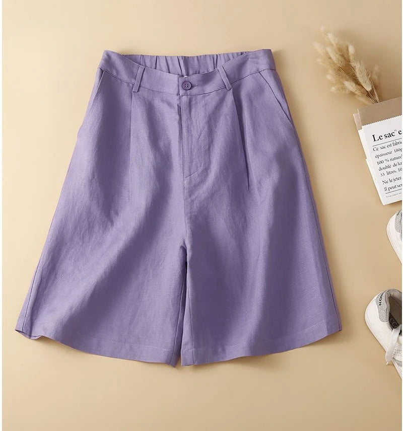 Women's Shorts Cotton Linen High Waisted Short Pants Casual Loose Solid Purple Button Summer Shorts for Women