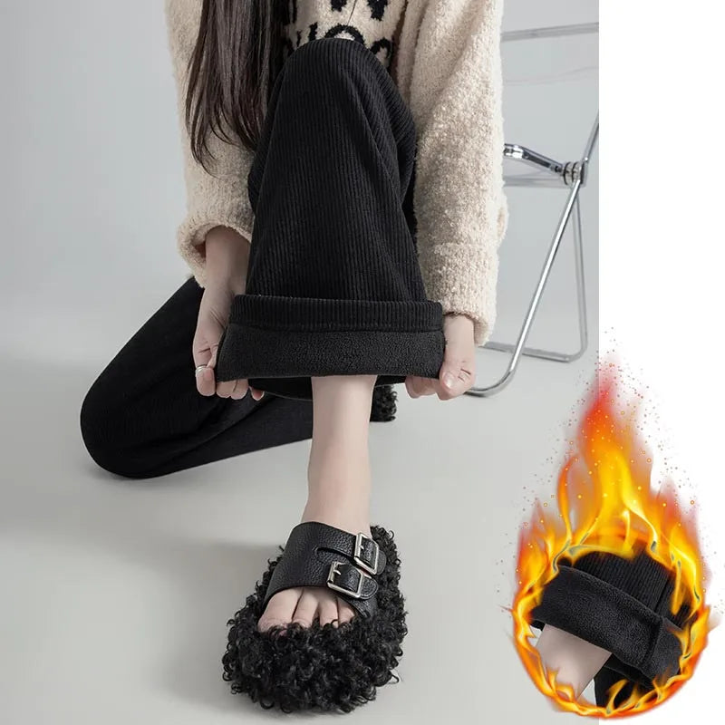 Pregnant Women Pants Autumn Winter Wear Corduroy Wide-leg Pants High-waisted Draped Casual Plus Size Lined Straight-leg Pants