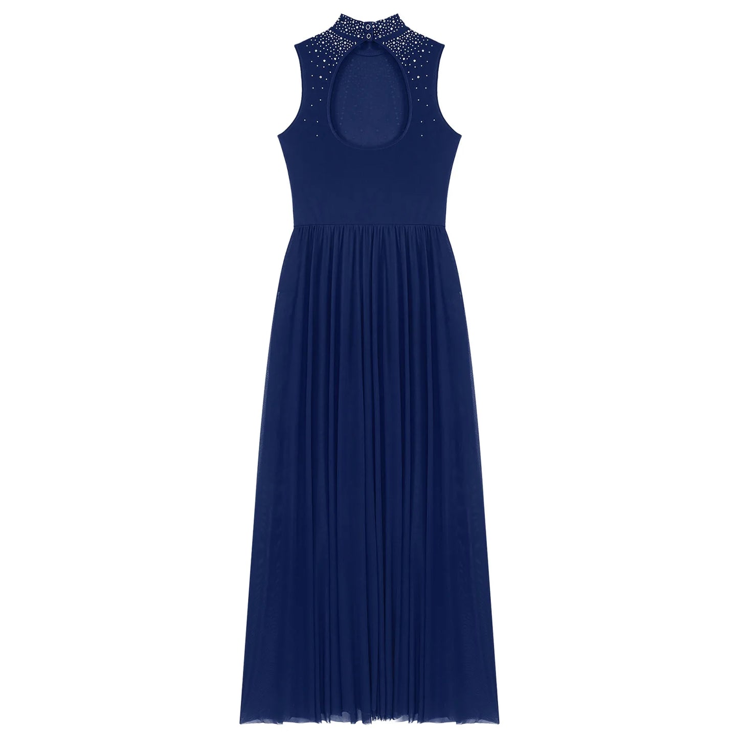 Womens Lyrical Dance Dresses Mock Neck Wide Hemline Shiny Rhinestones Maxi Dress Sleeveless Modern Contemporary Leotard Dresses