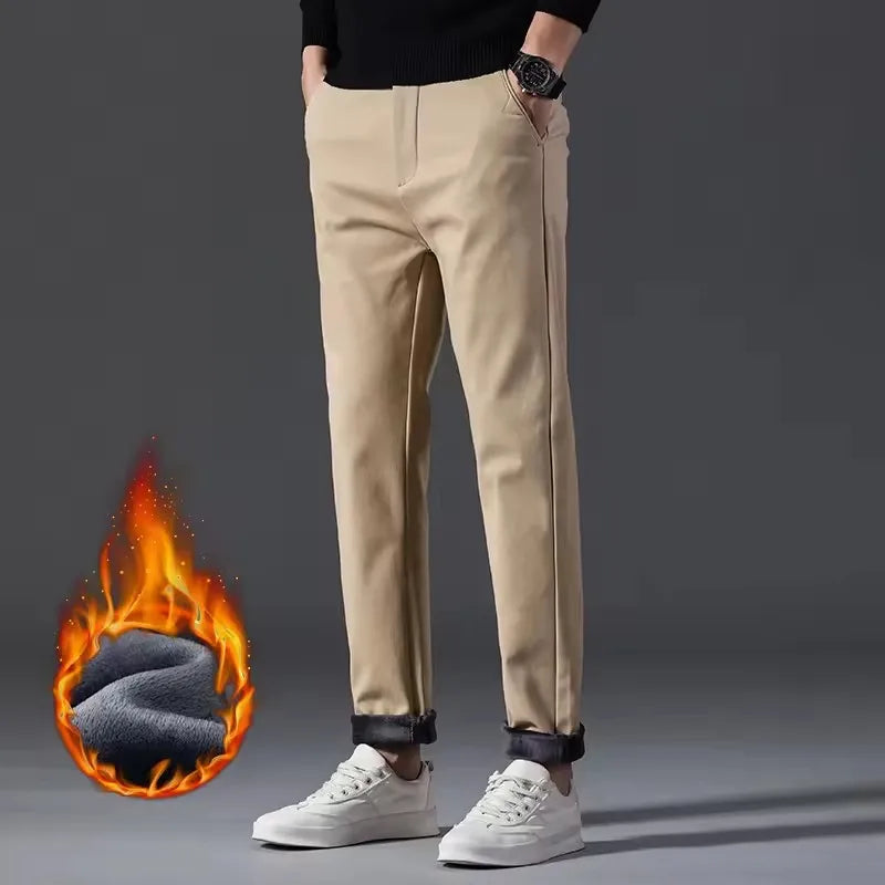 New Winter Mens Clothing Warm Casual Pants 98% Cotton Fleece Straight Business Thicken Men Pants Stretch Classic Velvet Trousers