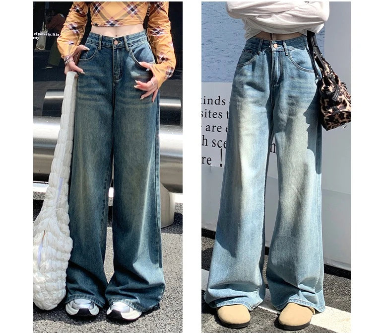 Women's Jeans Denim Pants 2025 Euramerican High Waist Girl Style Jean Trousers Colorful Straight Leg Wide Leg Pants