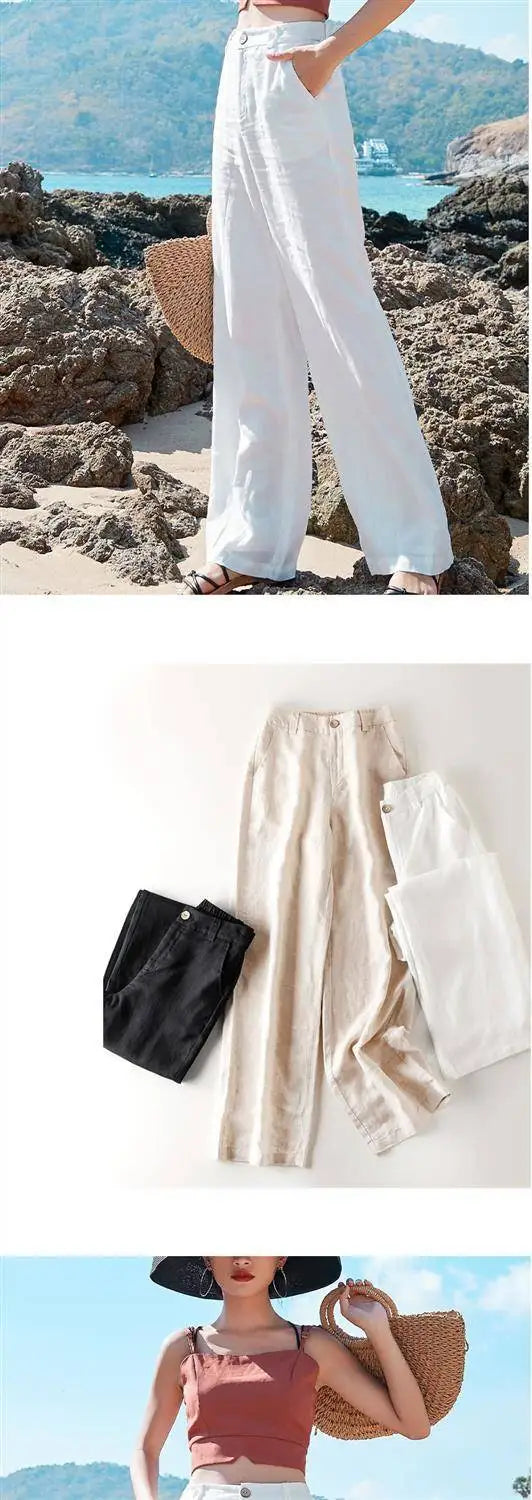 Women's Pants Summer Cotton Linen Wide Leg Pants Full Length Casual Solid White Loose High Waist Straight Trousers Women
