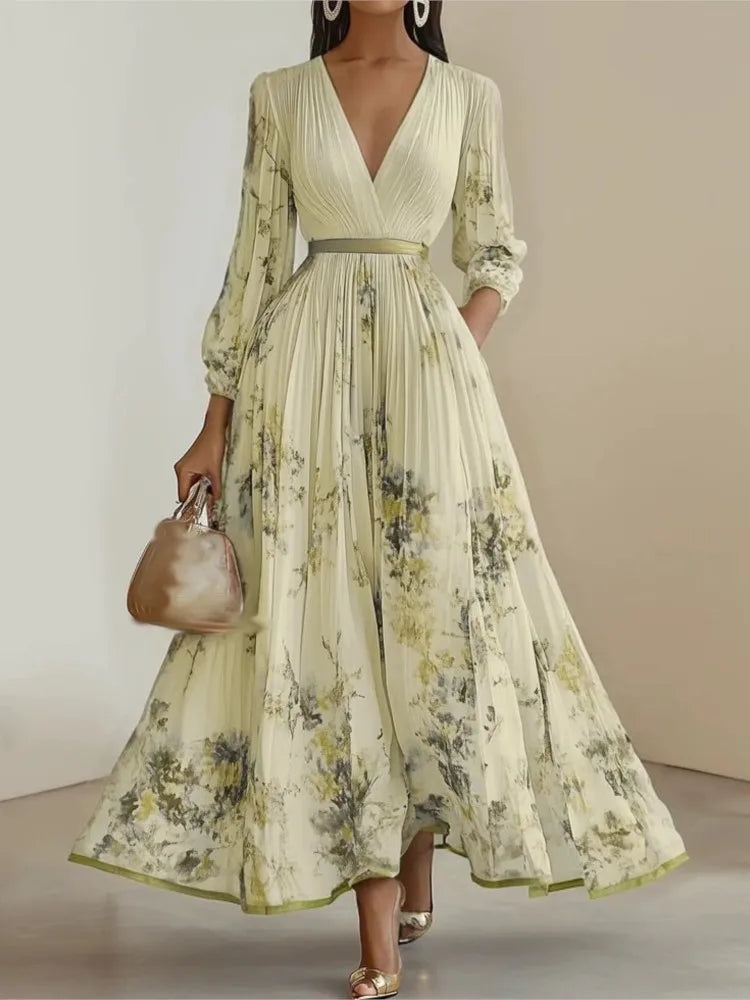 Elegant Print Dress For Women Fashion Long Sleeve V Neck High Waist Lace-up Loose Dresses Robe Femme Holiday Party Clothes New