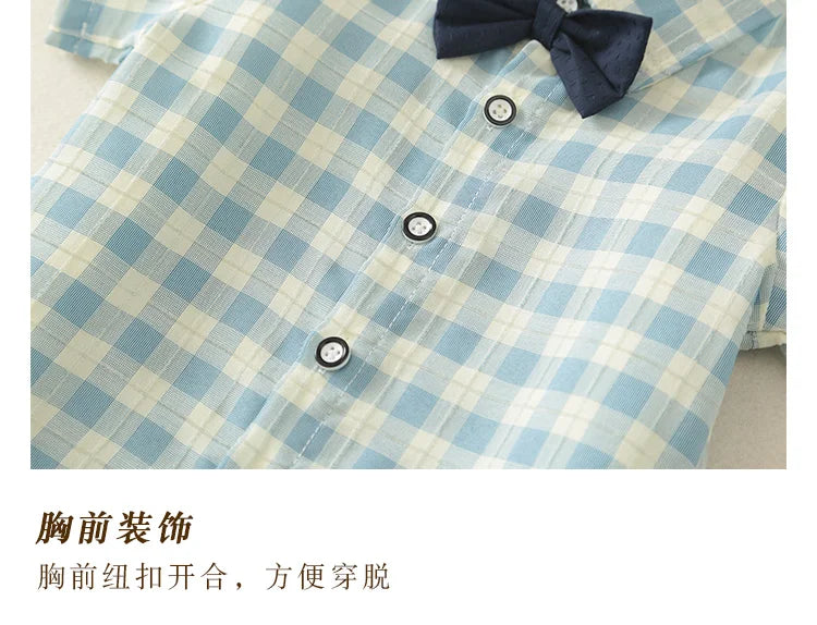Boy Suit Summer Newborn Baby Clothes Summer Gentleman Children's Dress Lattice Shirt Strap Short+socks 3-piece Suit.