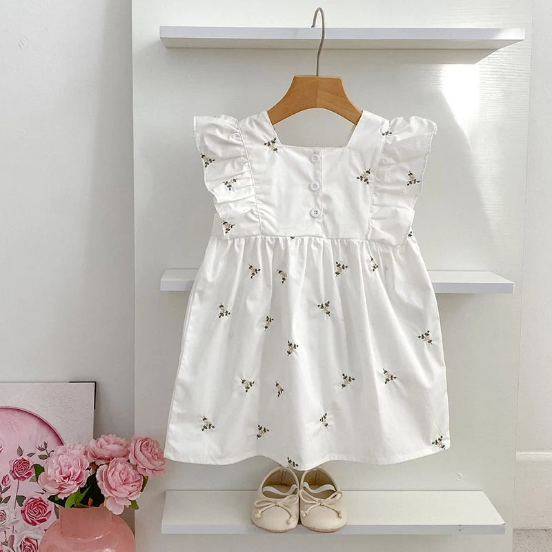 1-6Yrs Kids Clothes Summer Embroidery Dress Baby Girls Clothes Flying Sleeves Dresses Children's Clothing Vestidos Cotton Dress