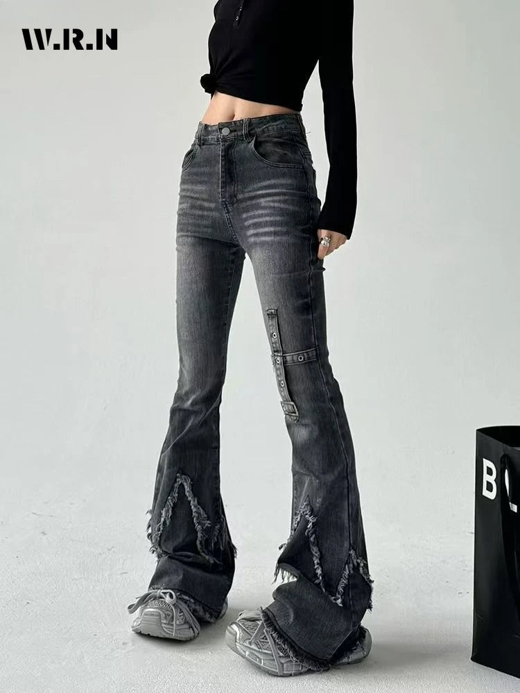 New retro slim-fitting women pants Y2k fashion trendy wasteland trousers legs furrow stretch jeans for women