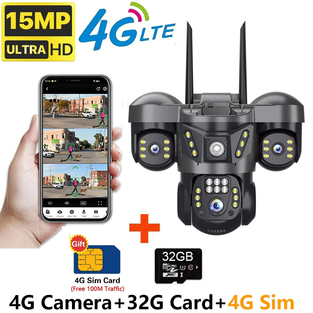 Home Surveillance Cameras 15MP 4GSim Card Triple Lenses Triple Screens 360 Video Monitor Night Vision Camera Security Protection