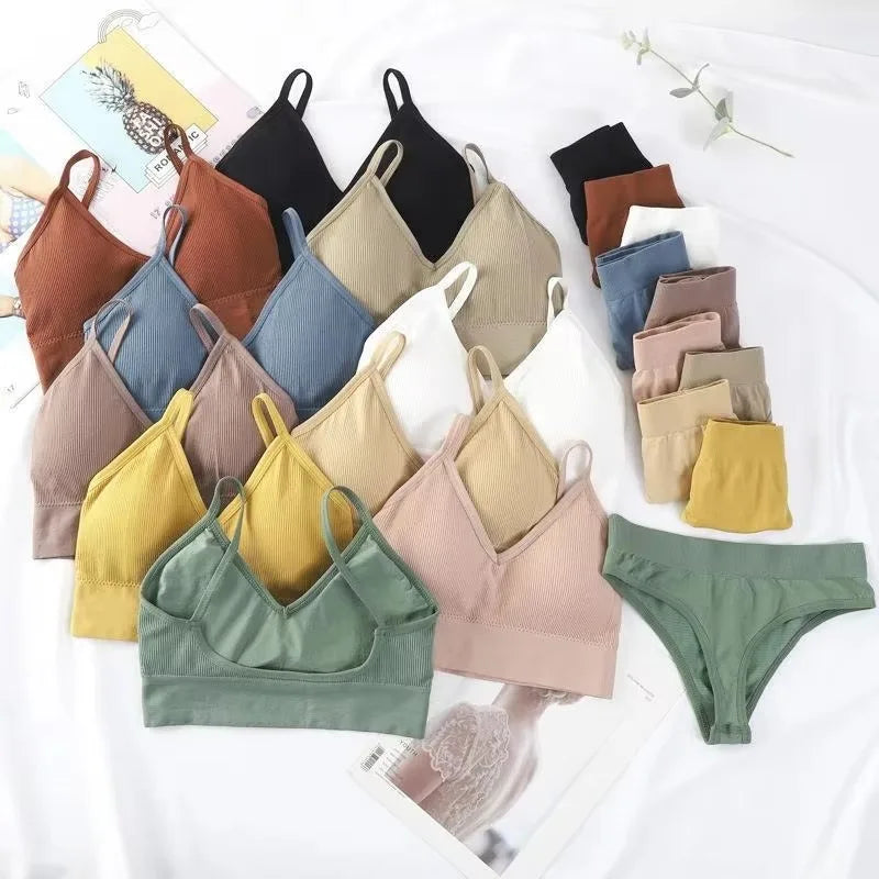 Women Underwear Set Wireless Lingerie Panties Bra Sexy G-String Seamless Tank Crop Top Brassiere New