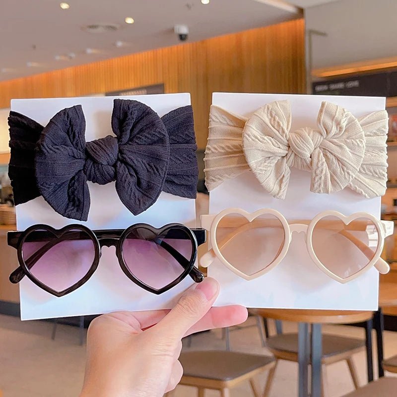 2 Pcs/Set New Children Cute Solid Bowknot Wide Hairbands Heart Sunglasses Hair Bands Baby Girls Headwear Kids Hair Accessories