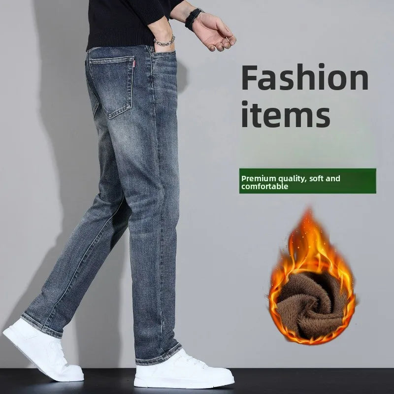 Fleece Thermal Autumn Winter Denim Jeans for Men Pants Warm Thicken Straight Stretch Clothing Fashion Street Causal Denim Pants