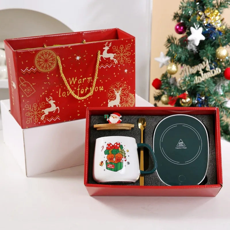 Christmas gift set: 55-degree warm ceramic cup with lid, Santa Claus mug, office coffee cup