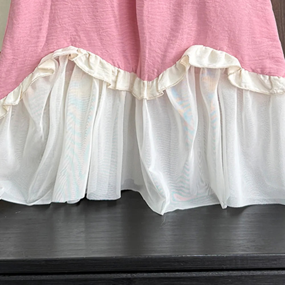 Bear Leader Korean Solid Color Kids Clothes Summer Pink Lace Girls Dress Sleeveless Black Fungus Edge Mesh Splicing Dresses