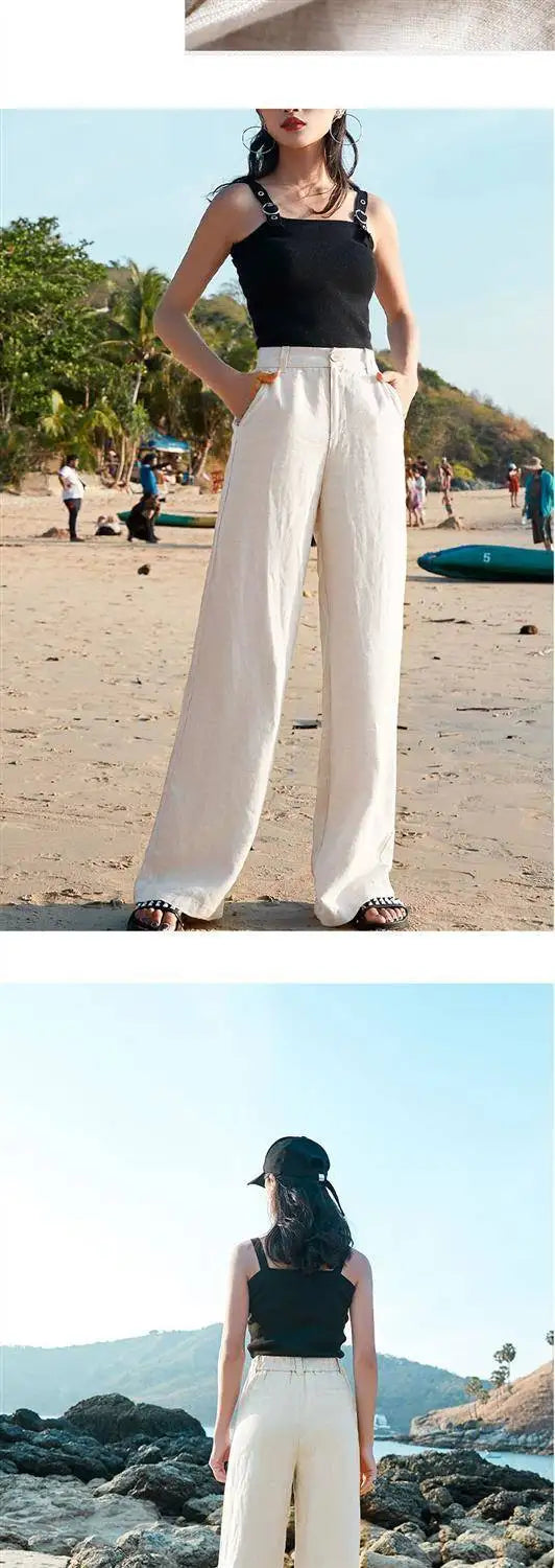 Women's Pants Summer Cotton Linen Wide Leg Pants Full Length Casual Solid White Loose High Waist Straight Trousers Women