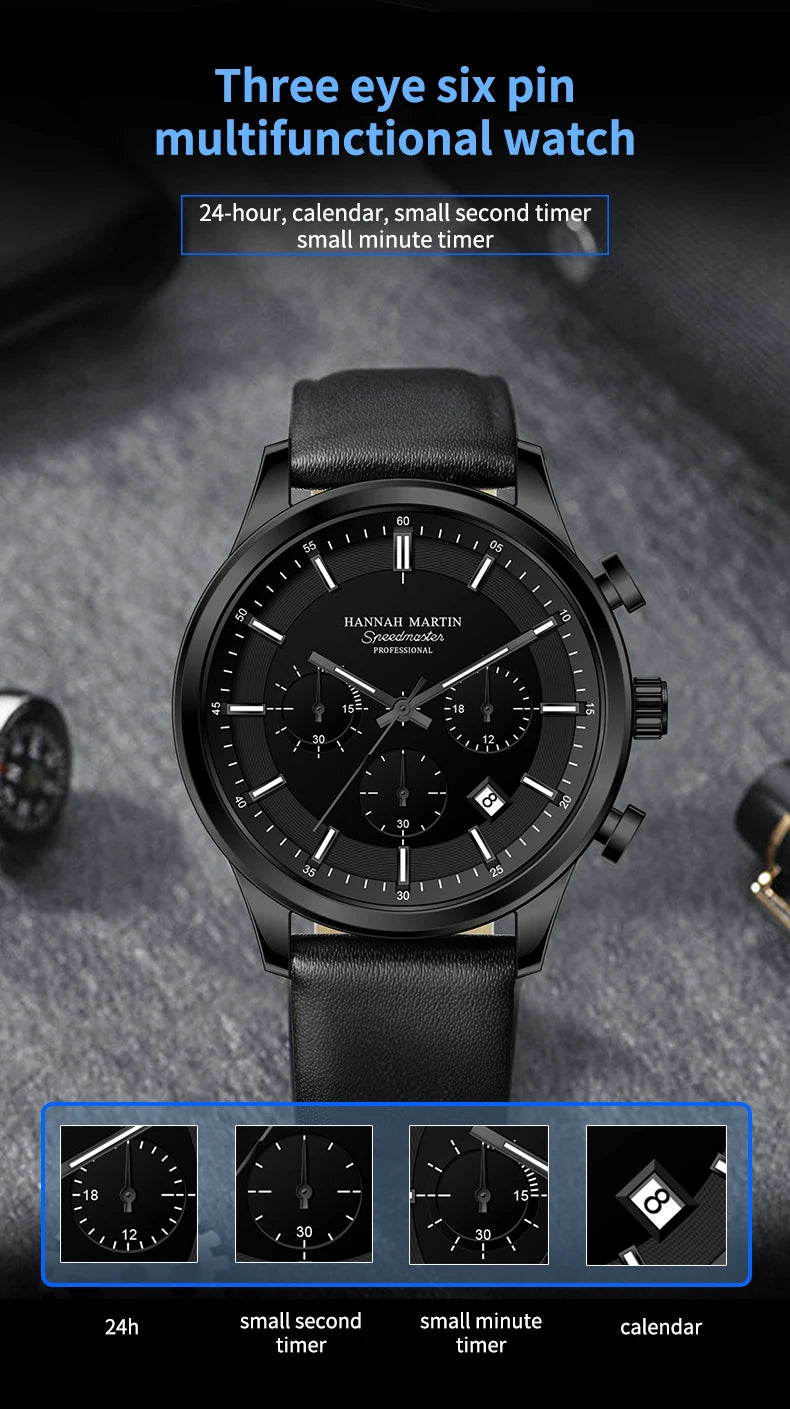 Hannah Martin Brand Men Watch Multifunctional Timing Dial Casual Sports Leather Original Quartz Movement Business Watch for Men