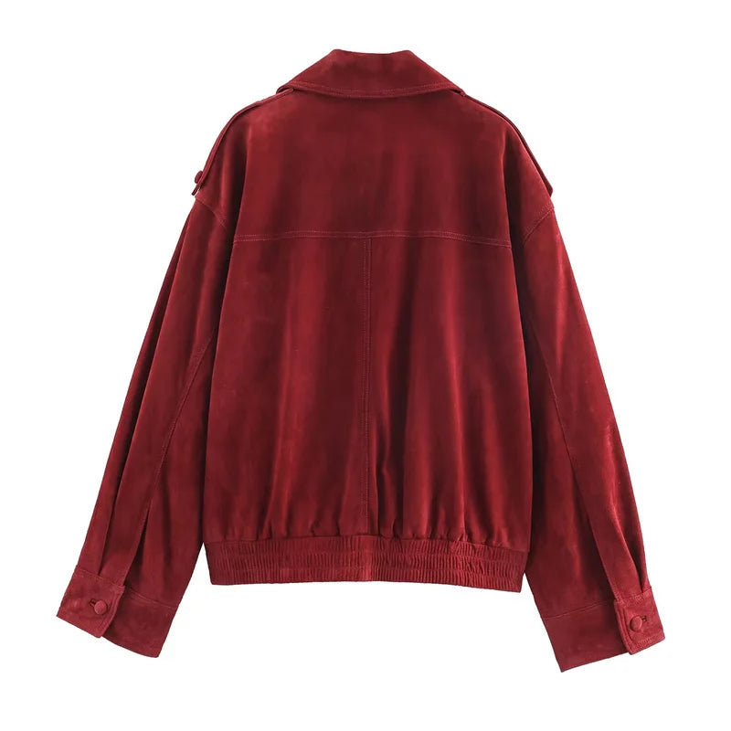 Women's Jacket 2025 Winter New Red Long-Sleeve Suede-Effect Loose Jacket Casual Fashion Versatile Style