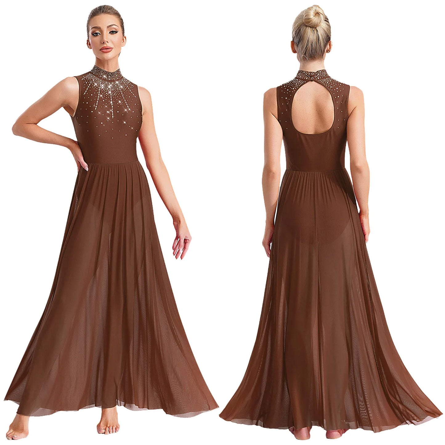 Womens Lyrical Dance Dresses Mock Neck Wide Hemline Shiny Rhinestones Maxi Dress Sleeveless Modern Contemporary Leotard Dresses