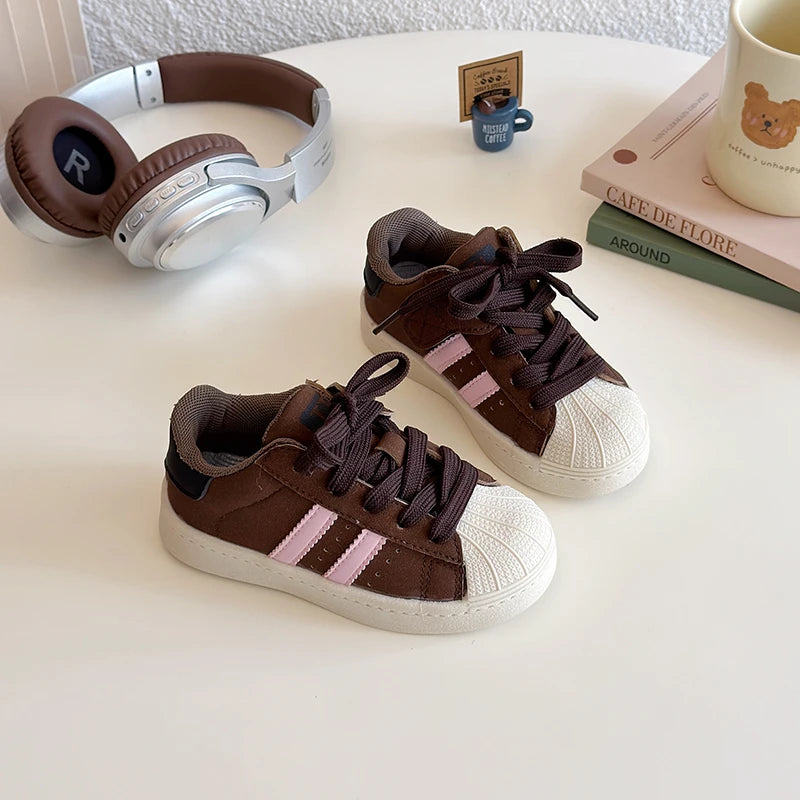 Kids Sports Shoes Non-slip Soft Sole 2025 New Boys Girls Casual Shoes Striped Trendy Students Skate Shoes Round Toes Hook&loop