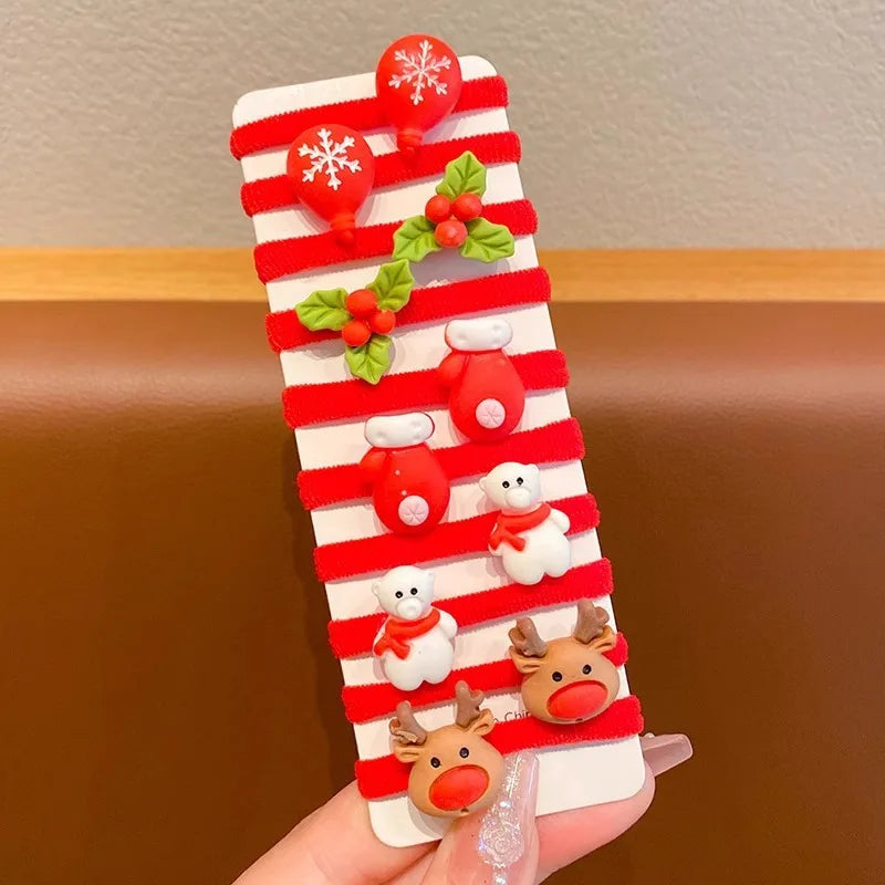 10Pcs/Set Kids Girls Christmas Hair Ties Cute Santa Claus & Reindeer Design Festive Hair Accessories Holiday Parties Decorations