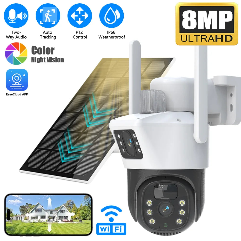 Solar Security Camera 4K 8MP Wireless PTZ Outdoor 360° Coverage 2-Way Audio Human Detection Night Vision 256GB WiFi/IP PIR Alarm