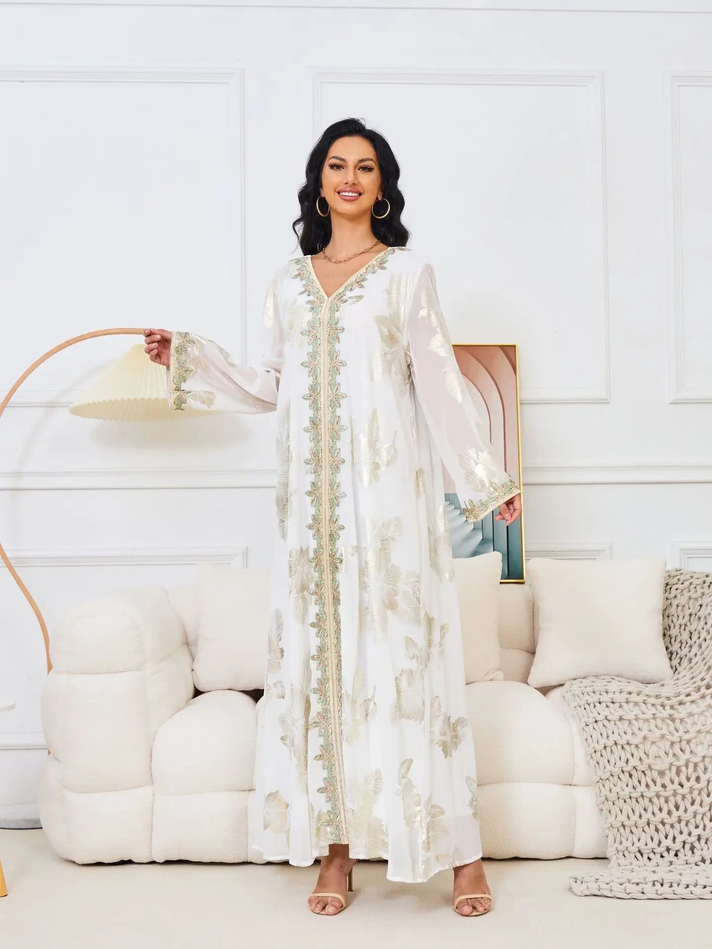 Eid Muslim Women Dress Gown Turkish Caftan Abaya Jalabiya Ramadan Party Dresses Morocco Kaftan V Neck Belt Embroidery Vestidos